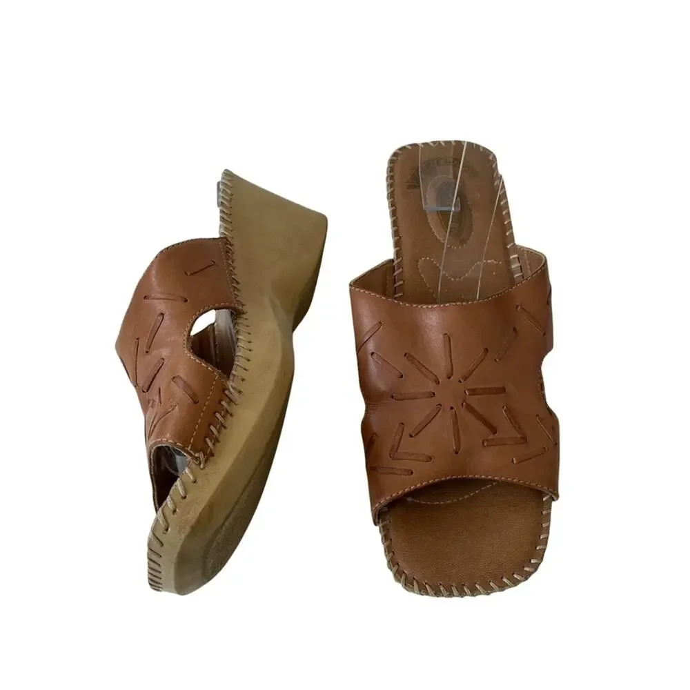 Dr. Scholls Sasha Mule Sandal Wedge Platform Chunky Chonk Whipstitch Leather 9